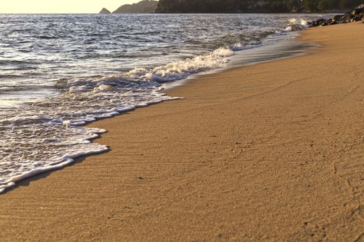 Soft wave from sea come to wet sand beach background. With copy space for text or design