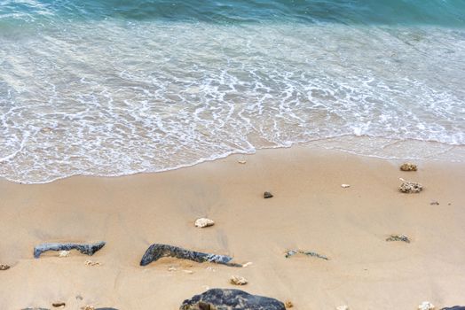 Top view Soft wave from sea come to wet sand beach background. With copy space for text or design