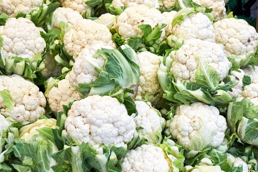 Pile of fresh cauliflower for sale at a market