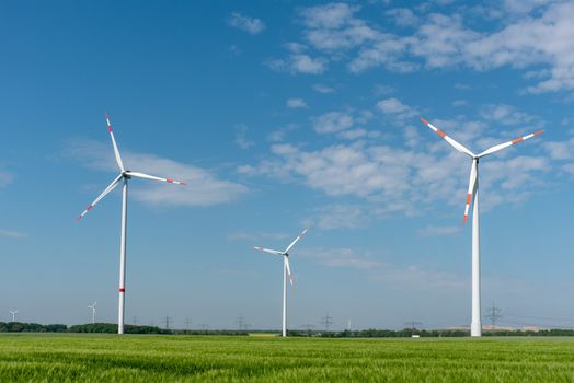 Wind turbines in the fields seen in rural Germany