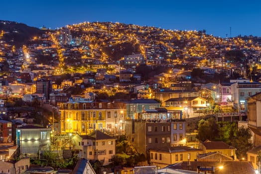 View over one of the hills of Valparaiso in Chile at night