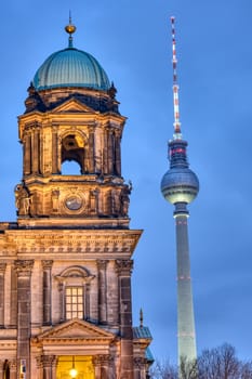 Detail of the Berlin Cathedral and the famous Television Tower at dusk