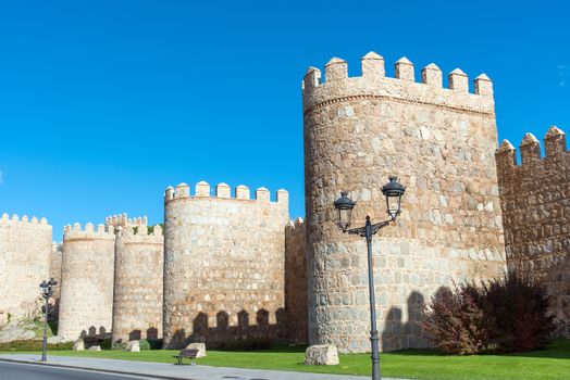 The famous city wall of Avila in Spain on a sunny day