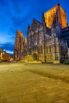 The south transept of the York Minster in England at twilight