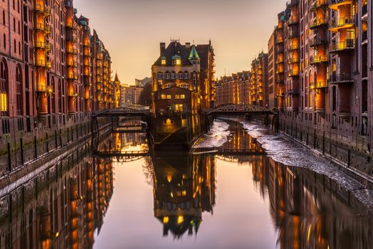 Historic warehouses at the Speicherstadt in Hamburg after sunset