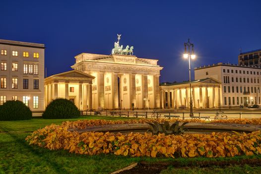 The famous Brandenburg Gate in Berlin at night