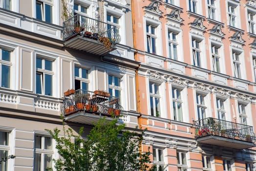 Facades of some renovated old residential construction seen at the Prenzlauer Berg district in Berlin, Germany