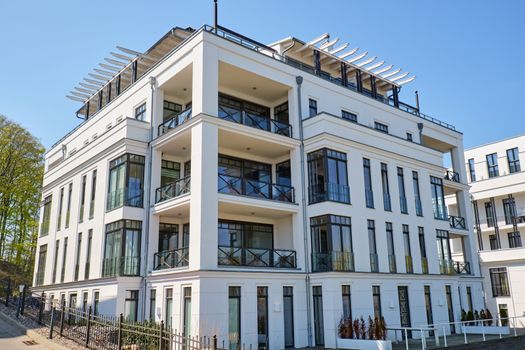 Modern white apartment house seen in Berlin, Germany