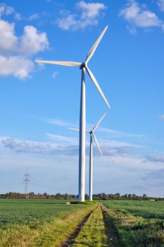 Wind turbines and green fields seen in Germany