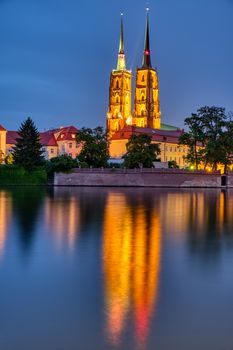 The Cathedral of St. John the Baptist in Wroclaw, Poland, at night