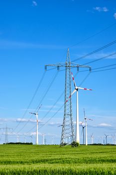 Overhead power lines and wind energy generators seen in Germany