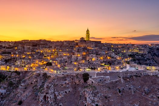 View of the beautiful old town of Matera in southern Italy after sunset