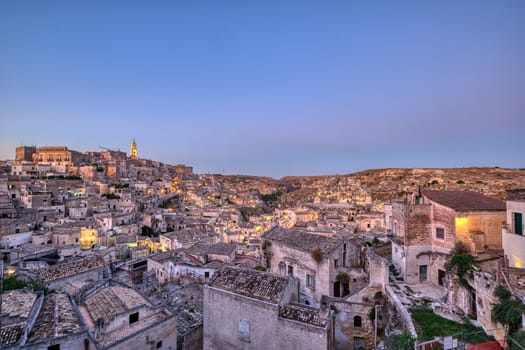 The old town of Matera in southern Italy at dusk