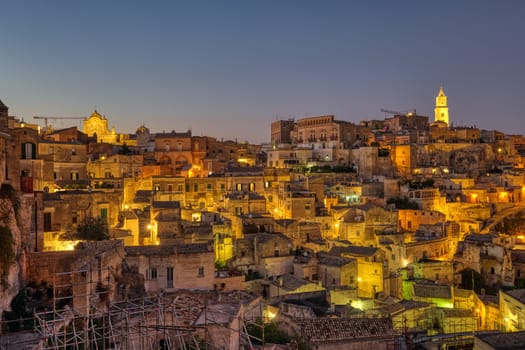 The historic old town of Matera in southern Italy at night