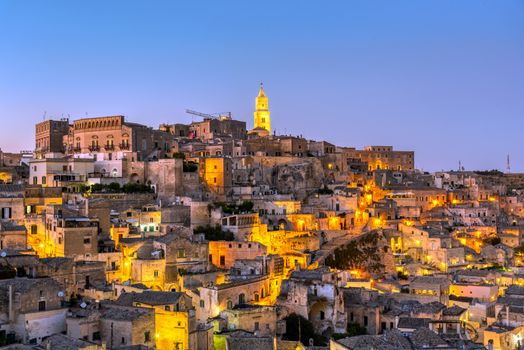 The beautiful old town of Matera in southern Italy at dusk