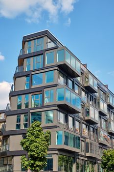 Comtemporary grey apartment house seen in Berlin, Germany