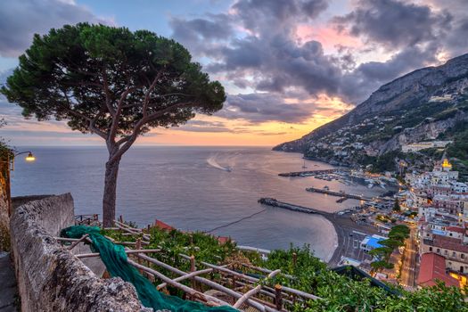 View of Amalfi in Italy at sunset with a lone pine tree