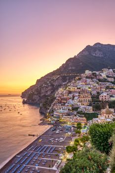 Beautiful Positano on the italian Amalfi coast after sunset