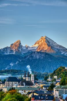 Mount Watzmann and the city of Berchtesgaden early in the morning