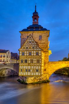 The half-timbered Old Town Hall of Bamberg in Germany at night