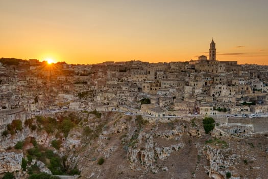 View of the beautiful old town of Matera in southern Italy at sunset