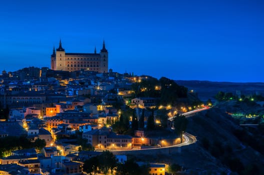 Panoramic view of the medieval center of the city of Toledo, Spain. It features the Alcazar of Toledo, Spain.