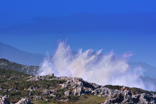 Waves crashing against the cliffs of Bufones of Pria on January 18, 2018 in Llanes, Spain.