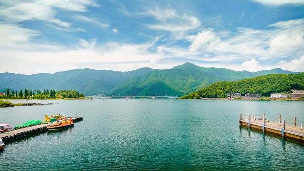 Scene of Kawaguchi lake and mountain in Japan.