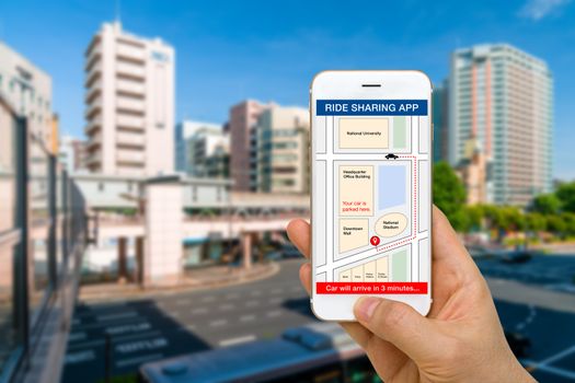Concept of ride sharing service application used to calling car or vehicle from smartphone.