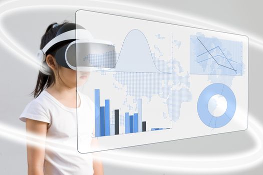 Concept of VR or virtual reality for math education illustrated by Asian child wearing VR headset.