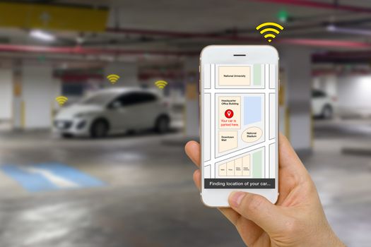 Concept of connected car being located by smartphone app using IOT of Internet of things technology.