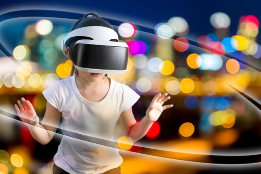 Concept of VR or virtual reality illustrated by Asian child wearing VR headset exploring virtual world.