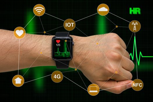 Concept of smart watch monitoring heart rate application with heart beat cardiogram.