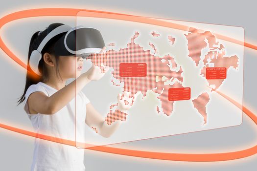 Concept of VR or virtual reality for education illustrated by Asian child wearing VR headset.
