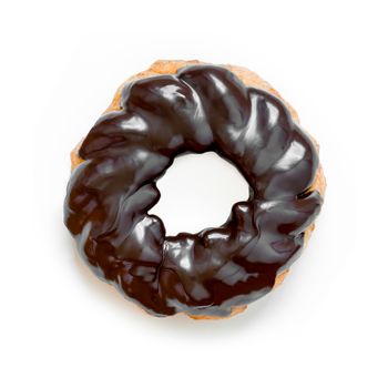 Chocolate donut or doughnut, French cruller style, isolated on white.
