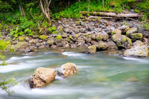 Creek flowing over rock in rainforest with slow shutter speed.