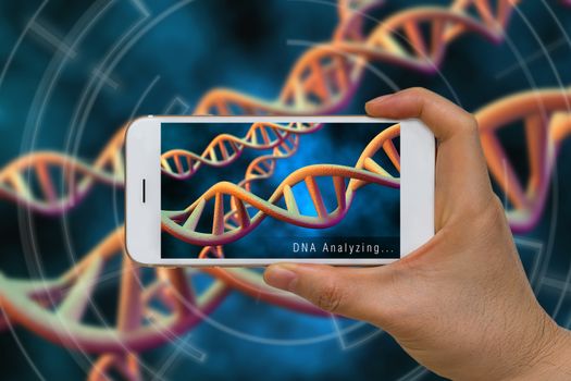 Concept of smartphone analyzing DNA, chromosome, gene, using augmented reality, AR, technology.