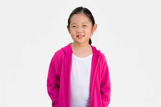 Studio Shot of Asian kid in sweater isolated on white background.