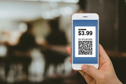 Fintech concept, paying for goods and services by smartphone using E-Wallet and E-Money.