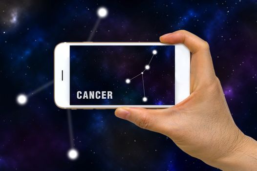 Concept of augmented reality, AR, of Cancer zodiac constellation app on smartphone.