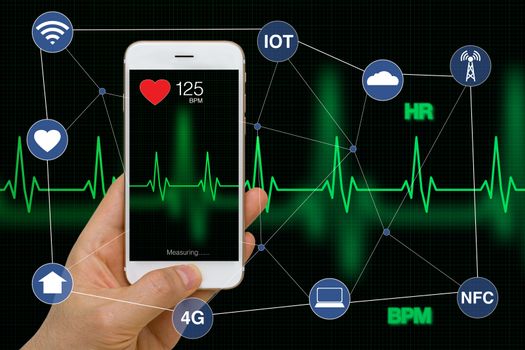 Concept of smart watch monitoring heart rate application with heart beat cardiogram while exercising.