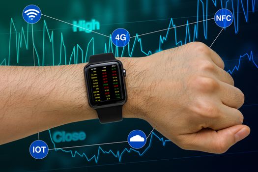 Investment business concept illustrated by smartwatch showing stock price via internet.