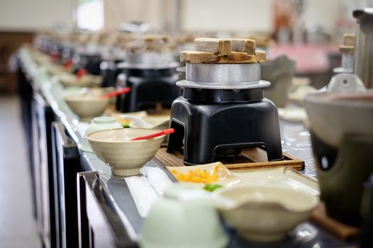 Traditional Japanese hot pot food set on table.