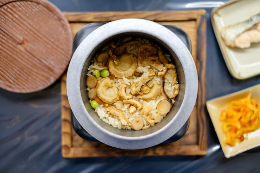Traditional Japanese cuisine, baked scallop rice pot.
