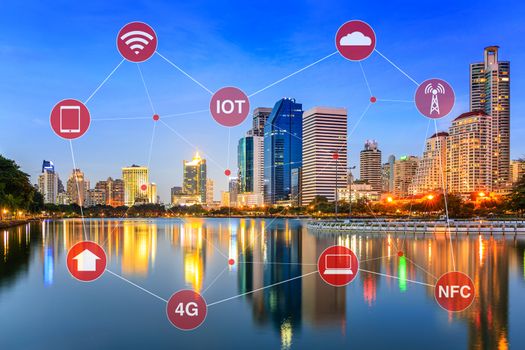 Concept of smart city illustrated by networking and internet of things or IOT.