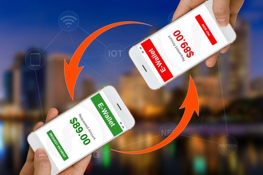 Concept of Fintech or financial technology shown by using smartphone and e-wallet app to transfer money of make payment.