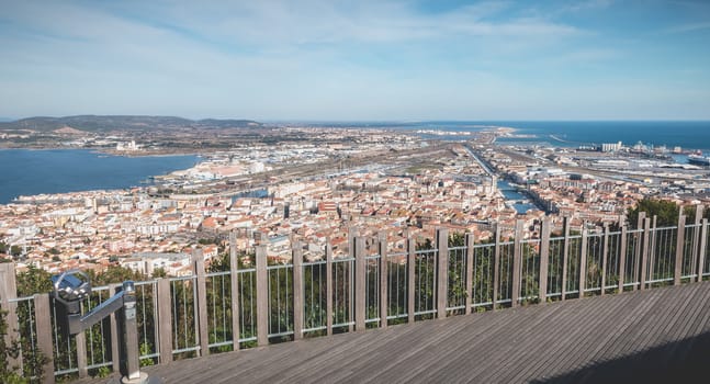 Sete, France - January 4, 2019: Aerial view of historic city center and harbor a winter day