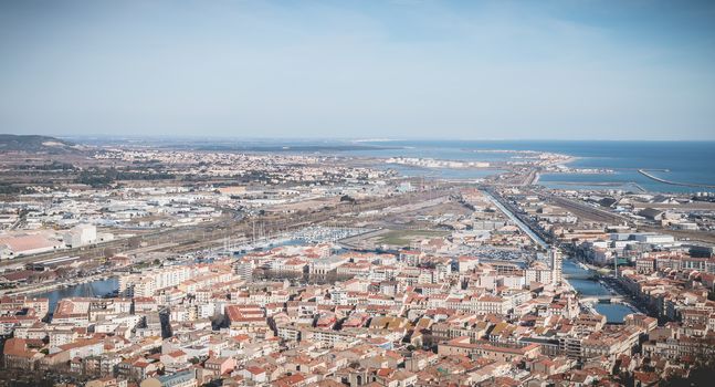 Sete, France - January 4, 2019: Aerial view of historic city center and harbor a winter day