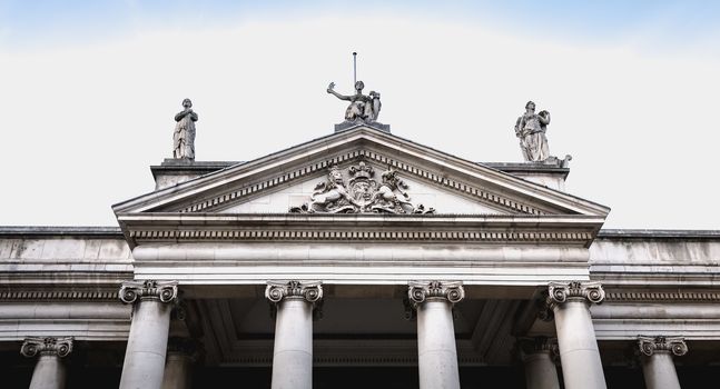 Architecture detail of Bank of Ireland in the city center on a winter day