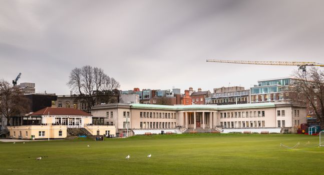 Dublin, Ireland - February 11, 2019: Architecture detail of Moyne Institute of Preventive Medicine in the city center on a winter day